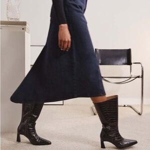 Flattered Black Croc-Embossed Mid-Calf wide Calf Boots